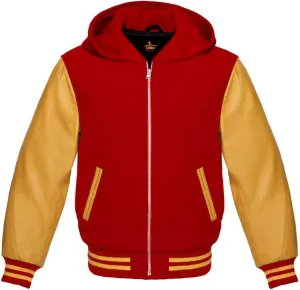 Varsity Hoodie Baseball Letterman Bomber Wool & Genuine Yellow Gold Leather Sleeves Zipper Jacket