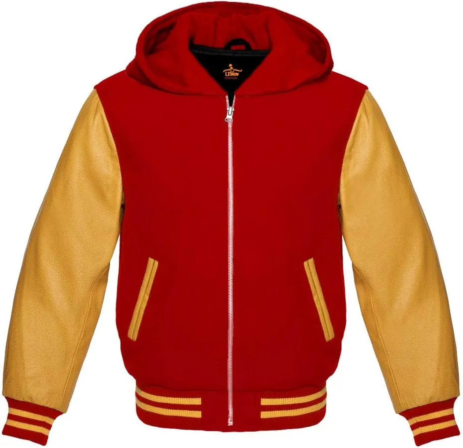 Varsity Hoodie Baseball Letterman Bomber Wool & Genuine Yellow Gold Leather Sleeves Zipper Jacket