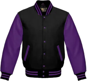 Varsity Hoodie Jacket For Baseball Letterman Bomber School Of Purple Wool and Genuine Black Leather Sleeves