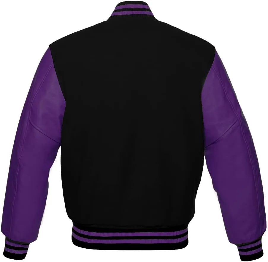 Varsity Hoodie Jacket For Baseball Letterman Bomber School Of Purple Wool and Genuine Black Leather Sleeves