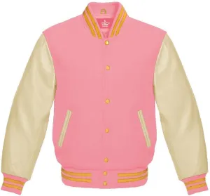 Varsity Jacket Baseball Letterman Bomber Wool & Light Cream Genuine leather Sleeves With Yellow Gold Stripe
