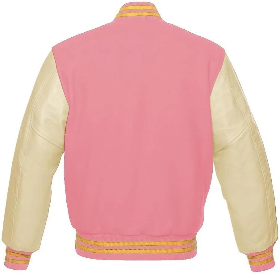 Varsity Jacket Baseball Letterman Bomber Wool & Light Cream Genuine leather Sleeves With Yellow Gold Stripe