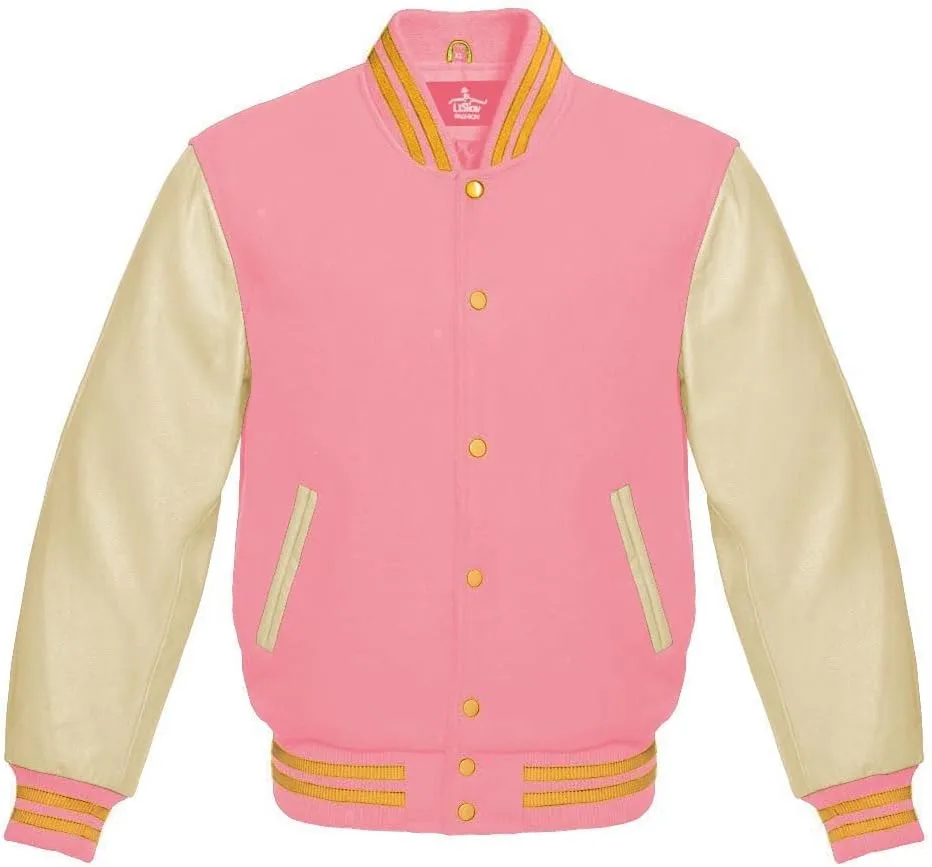 Varsity Jacket Baseball Letterman Bomber Wool & Light Cream Genuine leather Sleeves With Yellow Gold Stripe