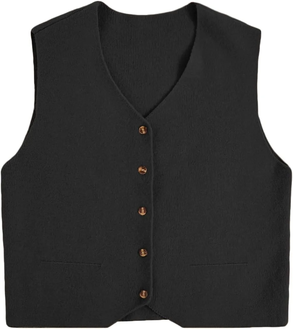 Verdusa Women's Sleeveless Button Front Old Money Knit Sweater Vest