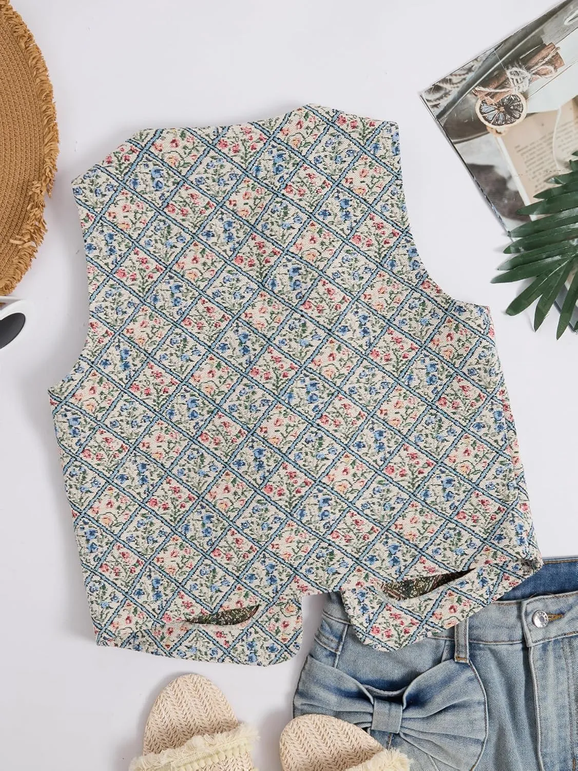 Verdusa Women's Vintage Floral Print Bow Tie Cowgirl Vest V Neck Sleeveless Jacket Outerwear
