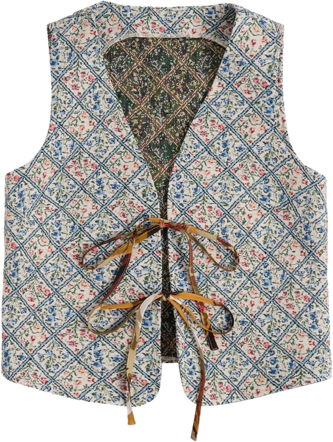 Verdusa Women's Vintage Floral Print Bow Tie Cowgirl Vest V Neck Sleeveless Jacket Outerwear