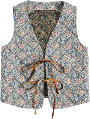 Verdusa Women's Vintage Floral Print Bow Tie Cowgirl Vest V Neck Sleeveless Jacket Outerwear