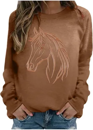 Vintage Horse Print Sweatshirts for Women Riding Horse Lover Long Sleeve Crew Neck Pullover Tops Casual Loose Shirts