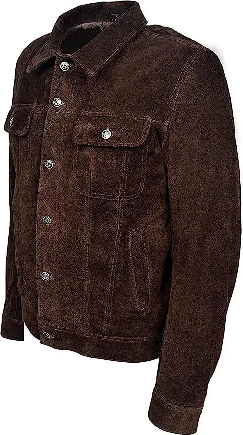 Vintage Trucker Leather Suede Jacket Men - Classic Retro Biker Causal Cafe Racer Jacket Western Cowboy Jacket