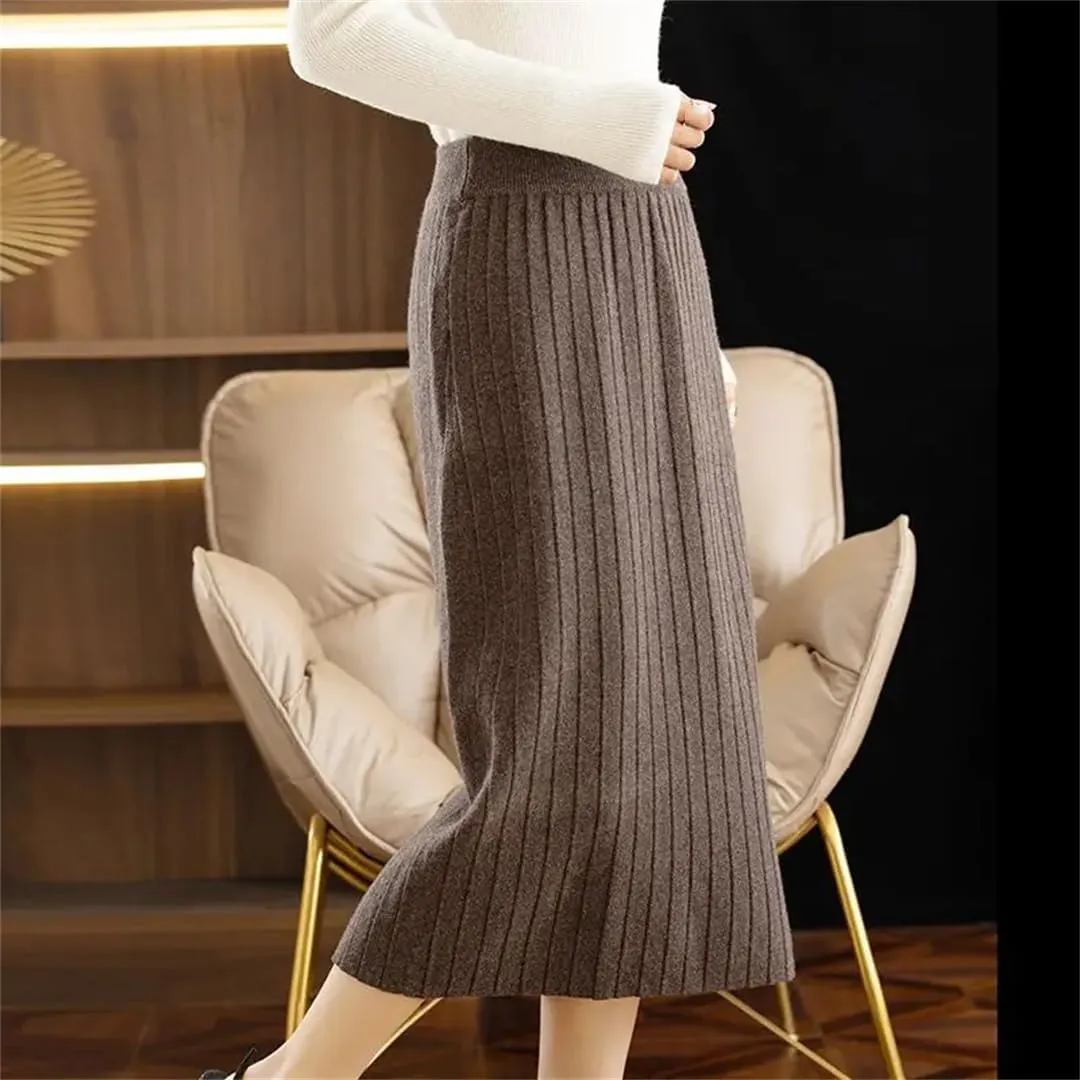 Vintage Women Autumn Winter Thick Sweater Skirt Elastic High Waist Pleated Midi Knitted Skirt Elegant Pencil Skirts