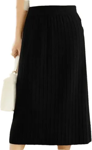 Vintage Women Autumn Winter Thick Sweater Skirt Elastic High Waist Pleated Midi Knitted Skirt Elegant Pencil Skirts