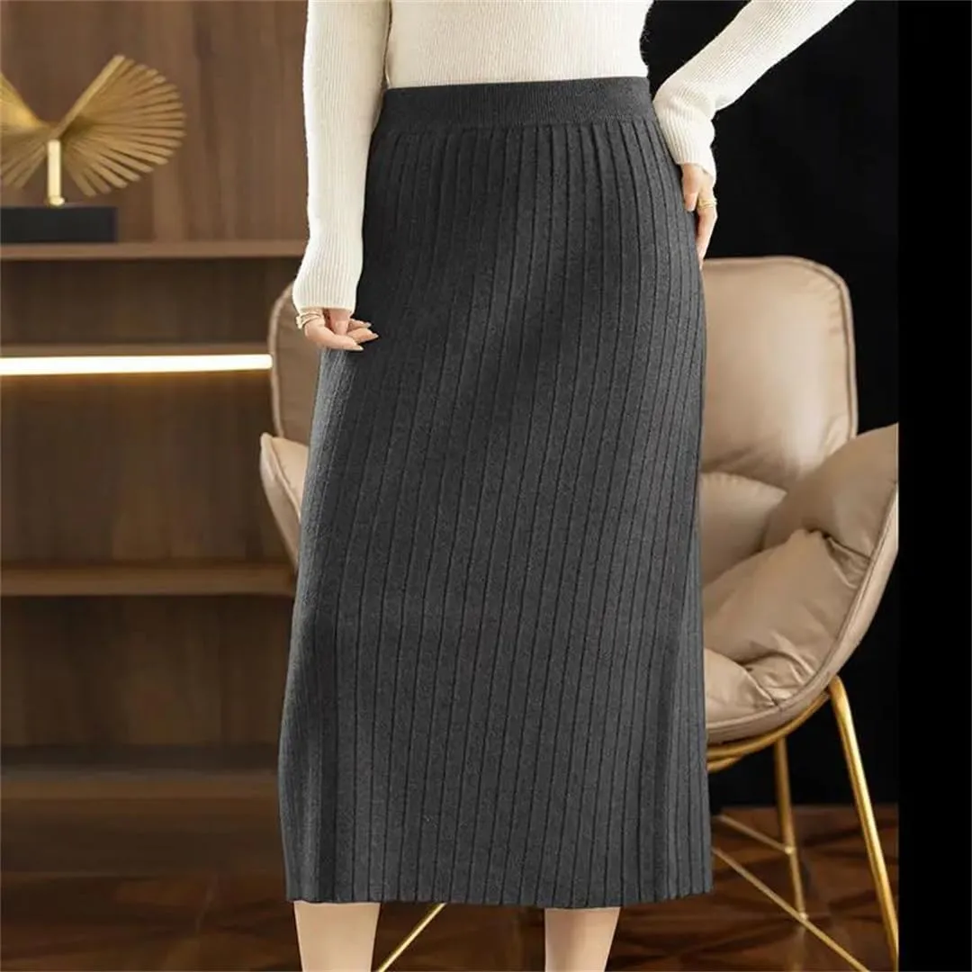 Vintage Women Autumn Winter Thick Sweater Skirt Elastic High Waist Pleated Midi Knitted Skirt Elegant Pencil Skirts