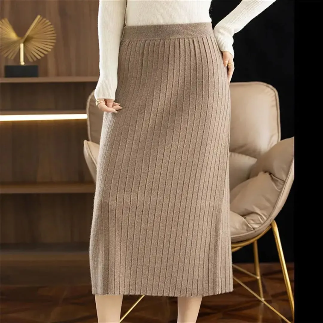 Vintage Women Autumn Winter Thick Sweater Skirt Elastic High Waist Pleated Midi Knitted Skirt Elegant Pencil Skirts