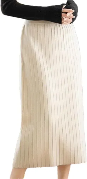Vintage Women Autumn Winter Thick Sweater Skirt Elastic High Waist Pleated Midi Knitted Skirt Elegant Pencil Skirts