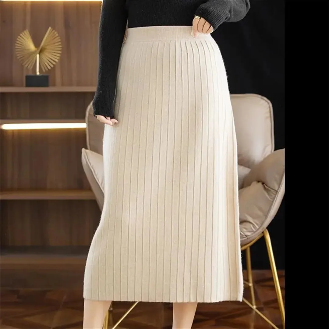 Vintage Women Autumn Winter Thick Sweater Skirt Elastic High Waist Pleated Midi Knitted Skirt Elegant Pencil Skirts