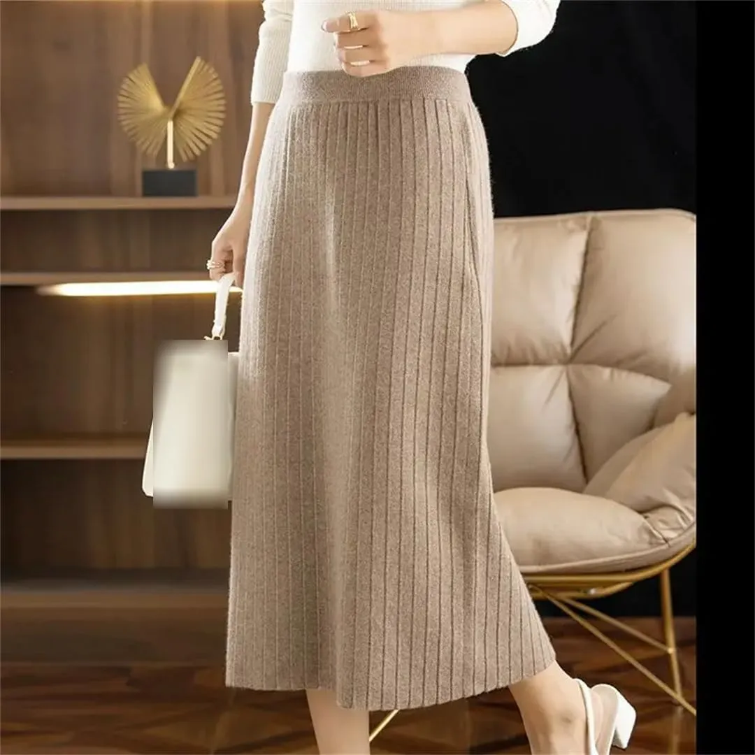 Vintage Women Autumn Winter Thick Sweater Skirt Elastic High Waist Pleated Midi Knitted Skirt Elegant Pencil Skirts