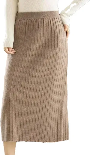 Vintage Women Autumn Winter Thick Sweater Skirt Elastic High Waist Pleated Midi Knitted Skirt Elegant Pencil Skirts