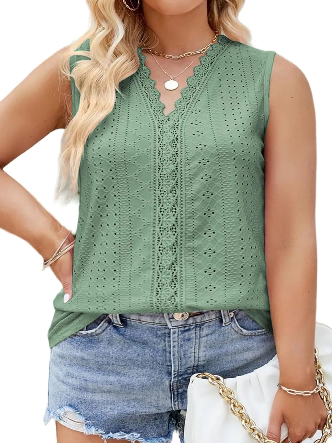 VISLILY Womens-Plus-Size-Summer-Tank-Tops 2025 Cute Lace V Neck T Shirts Casual Sleeveless Blouses Trendy Eyelet Tunics Tee