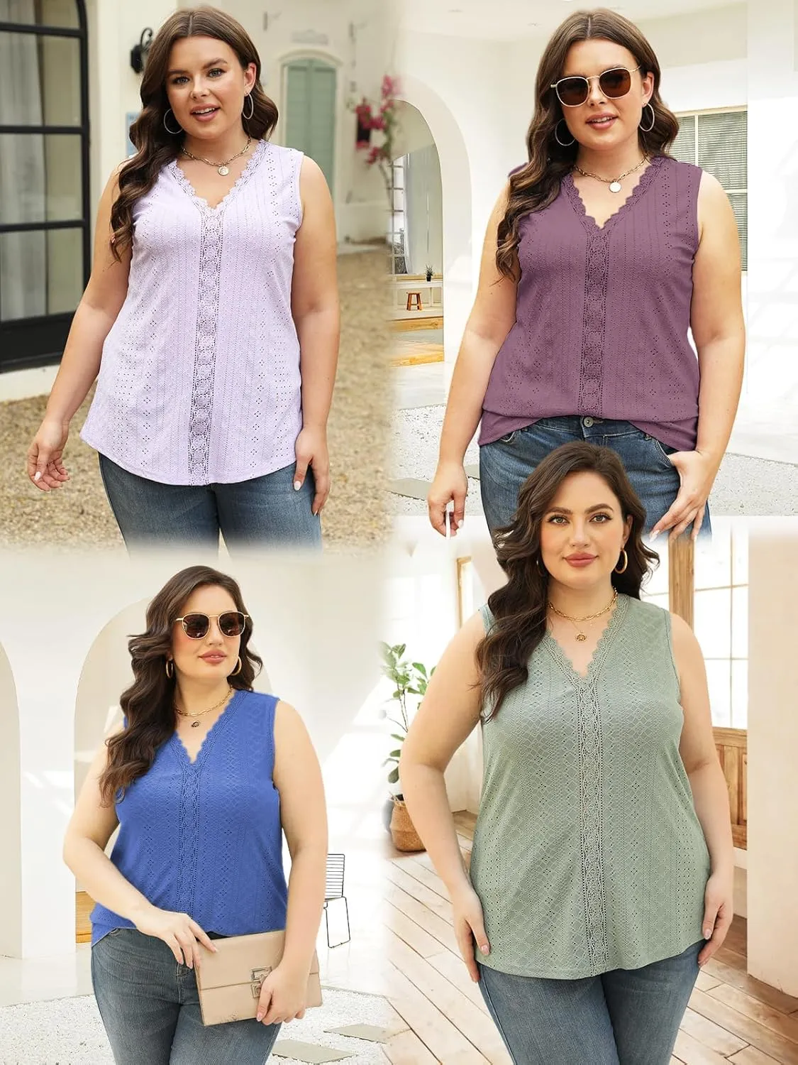 VISLILY Womens-Plus-Size-Summer-Tank-Tops 2025 Cute Lace V Neck T Shirts Casual Sleeveless Blouses Trendy Eyelet Tunics Tee