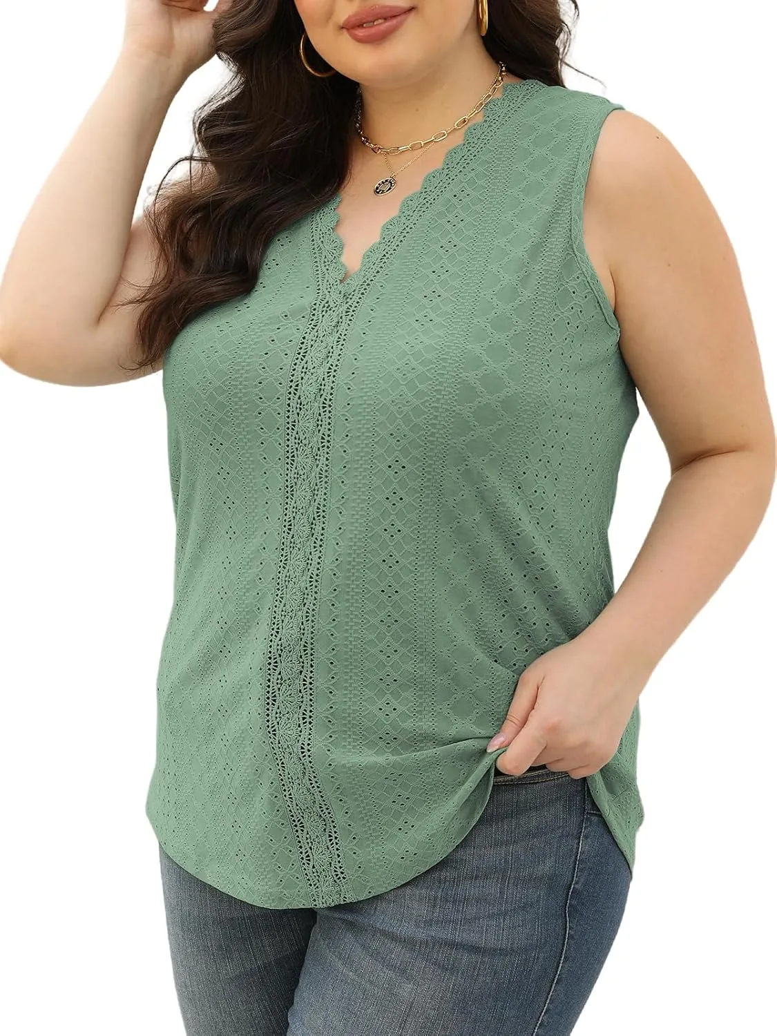 VISLILY Womens-Plus-Size-Summer-Tank-Tops 2025 Cute Lace V Neck T Shirts Casual Sleeveless Blouses Trendy Eyelet Tunics Tee