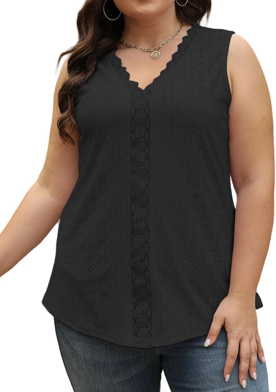 VISLILY Womens-Plus-Size-Summer-Tank-Tops 2025 Cute Lace V Neck T Shirts Casual Sleeveless Blouses Trendy Eyelet Tunics Tee