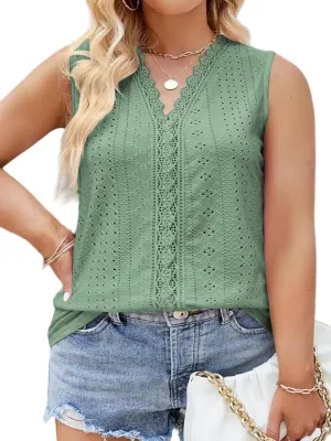 VISLILY Womens-Plus-Size-Summer-Tank-Tops 2025 Cute Lace V Neck T Shirts Casual Sleeveless Blouses Trendy Eyelet Tunics Tee