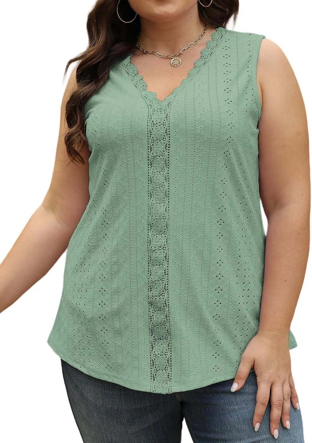 VISLILY Womens-Plus-Size-Summer-Tank-Tops 2025 Cute Lace V Neck T Shirts Casual Sleeveless Blouses Trendy Eyelet Tunics Tee