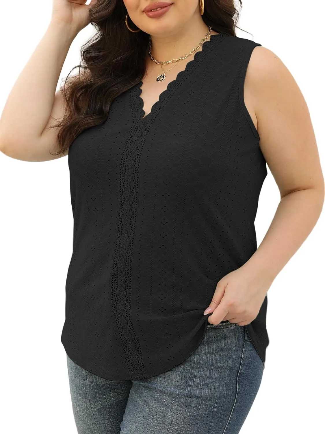 VISLILY Womens-Plus-Size-Summer-Tank-Tops 2025 Cute Lace V Neck T Shirts Casual Sleeveless Blouses Trendy Eyelet Tunics Tee