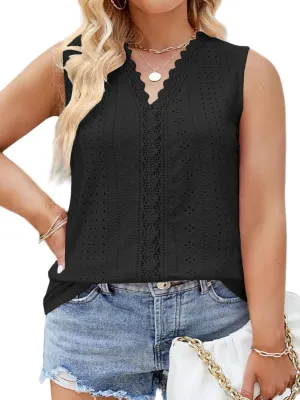 VISLILY Womens-Plus-Size-Summer-Tank-Tops 2025 Cute Lace V Neck T Shirts Casual Sleeveless Blouses Trendy Eyelet Tunics Tee