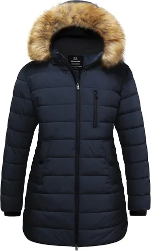 wantdo Women's Plus Size Winter Coats Warm Long Puffer Coat Quilted Parka Jacket with Removable Fur Hood