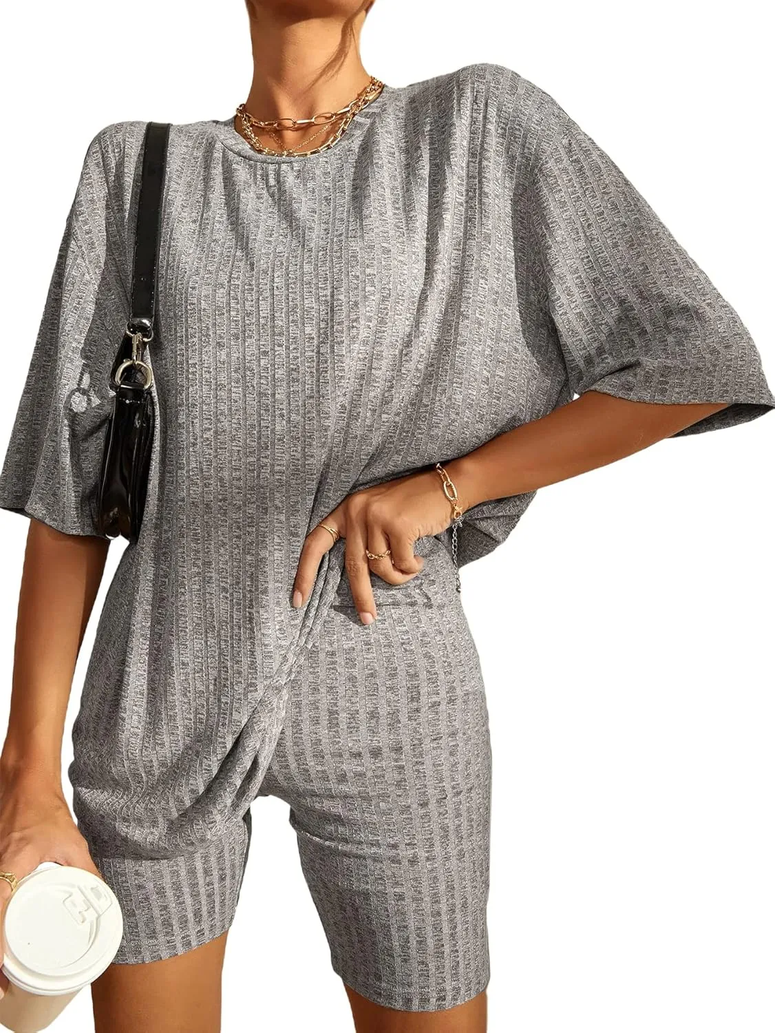 WDIRARA Women's 2 Piece Outfits Ribbed Short Sleeve Drop Shoulder Tee and Shorts Set Tracksuits