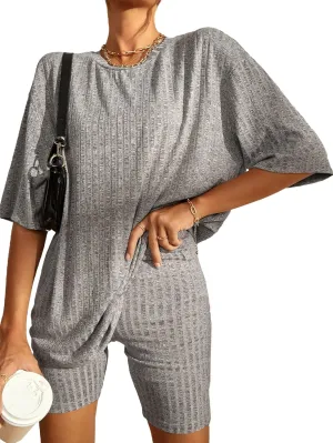 WDIRARA Women's 2 Piece Outfits Ribbed Short Sleeve Drop Shoulder Tee and Shorts Set Tracksuits