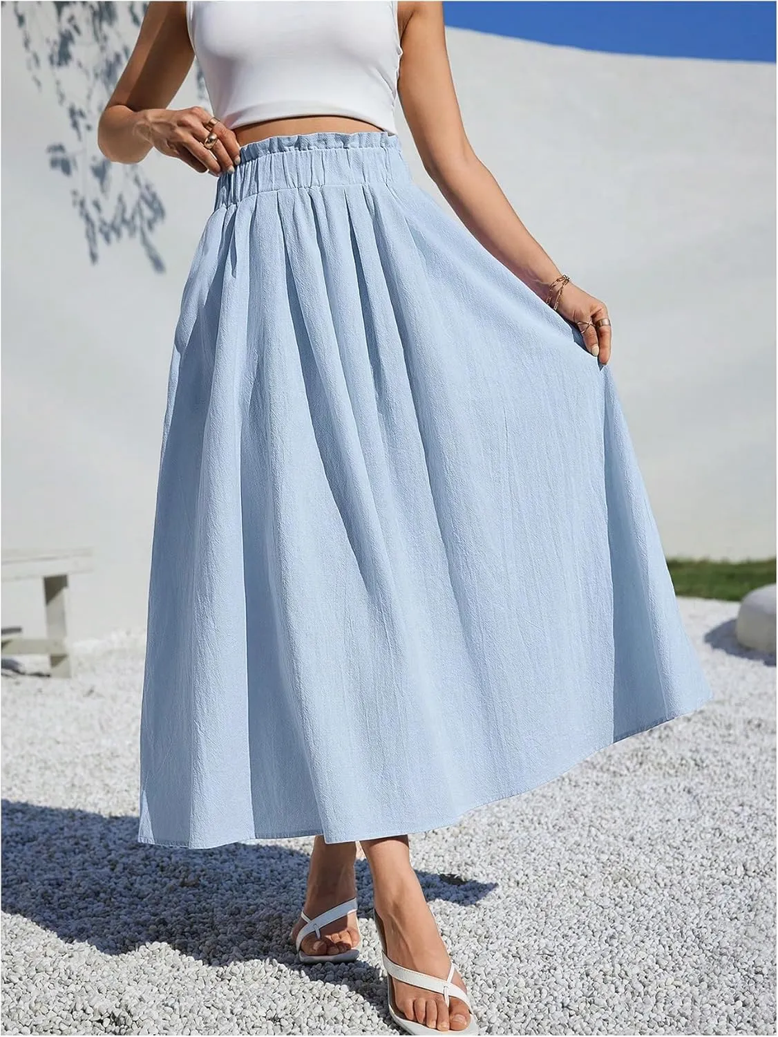 WDIRARA Women's High Waist A Line Midi Skirts Beach Baggy Skirts with Pocket