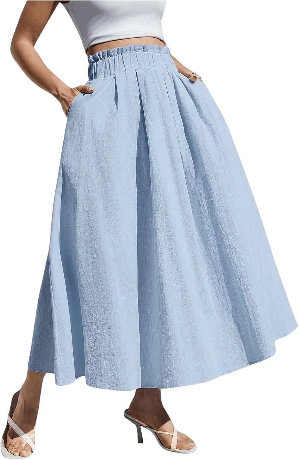 WDIRARA Women's High Waist A Line Midi Skirts Beach Baggy Skirts with Pocket