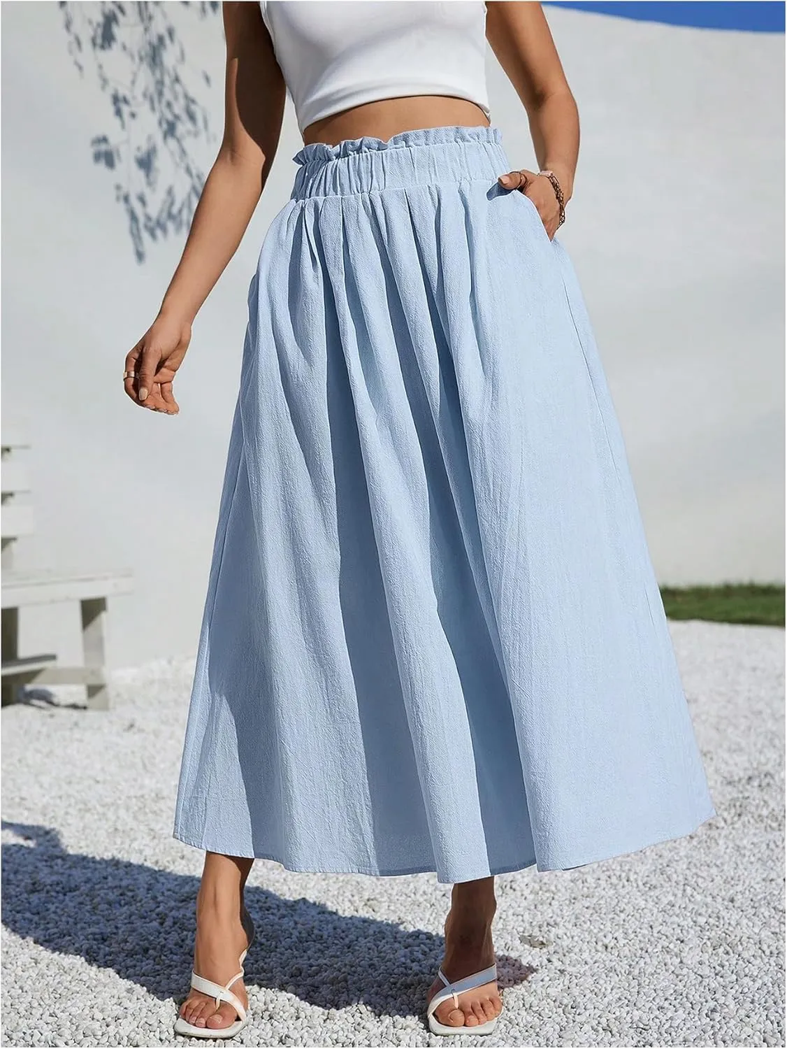 WDIRARA Women's High Waist A Line Midi Skirts Beach Baggy Skirts with Pocket