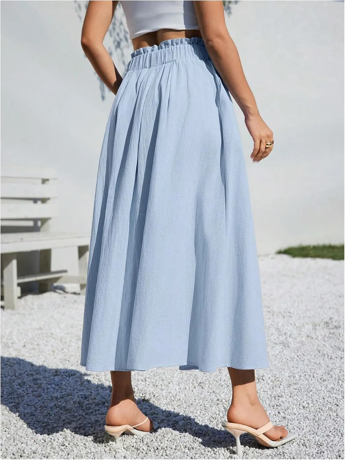 WDIRARA Women's High Waist A Line Midi Skirts Beach Baggy Skirts with Pocket