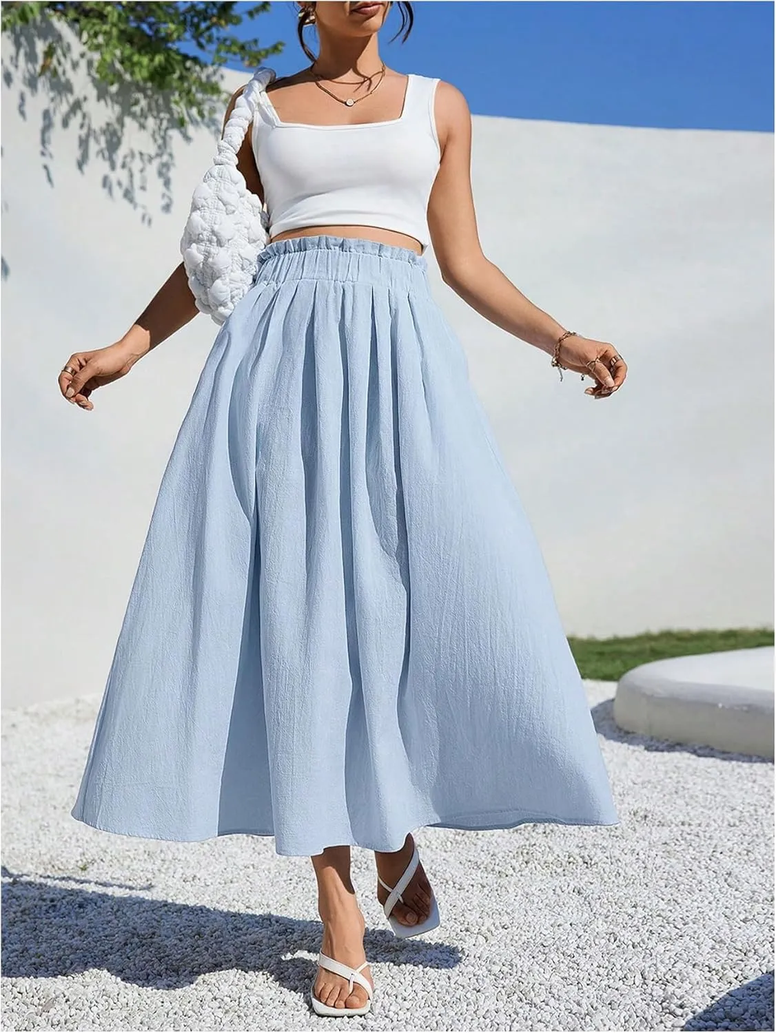 WDIRARA Women's High Waist A Line Midi Skirts Beach Baggy Skirts with Pocket