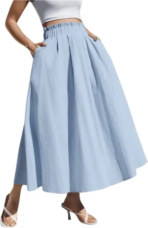 WDIRARA Women's High Waist A Line Midi Skirts Beach Baggy Skirts with Pocket