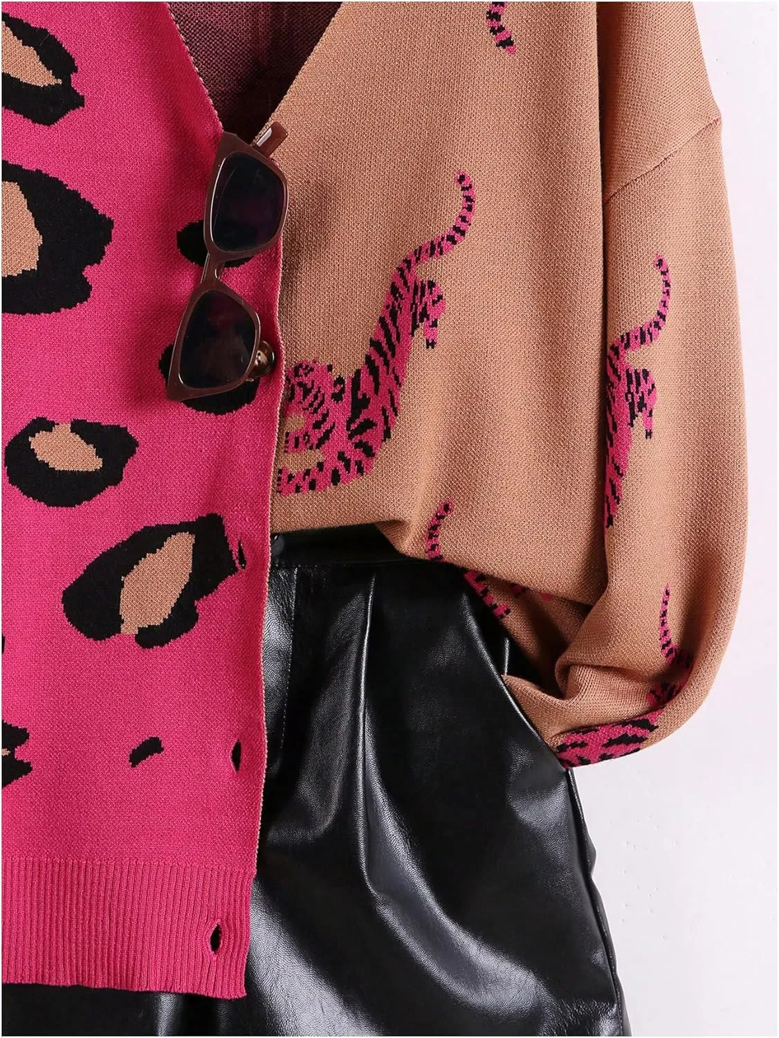 WDIRARA Women's Leopard Tiger Print Cardigan V Neck Long Sleeve Color Block Button Down Sweater Outwear