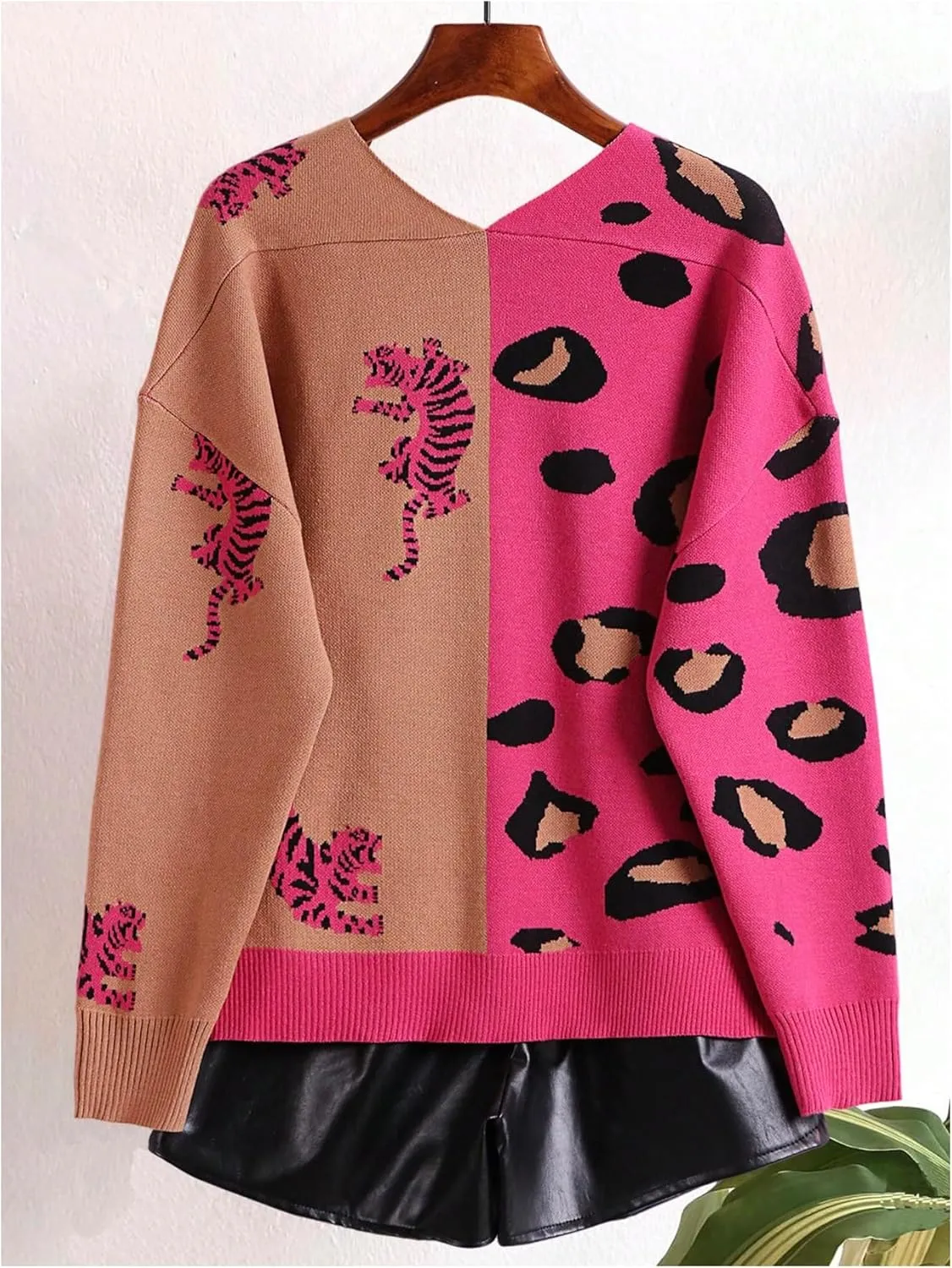 WDIRARA Women's Leopard Tiger Print Cardigan V Neck Long Sleeve Color Block Button Down Sweater Outwear