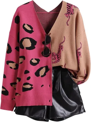 WDIRARA Women's Leopard Tiger Print Cardigan V Neck Long Sleeve Color Block Button Down Sweater Outwear