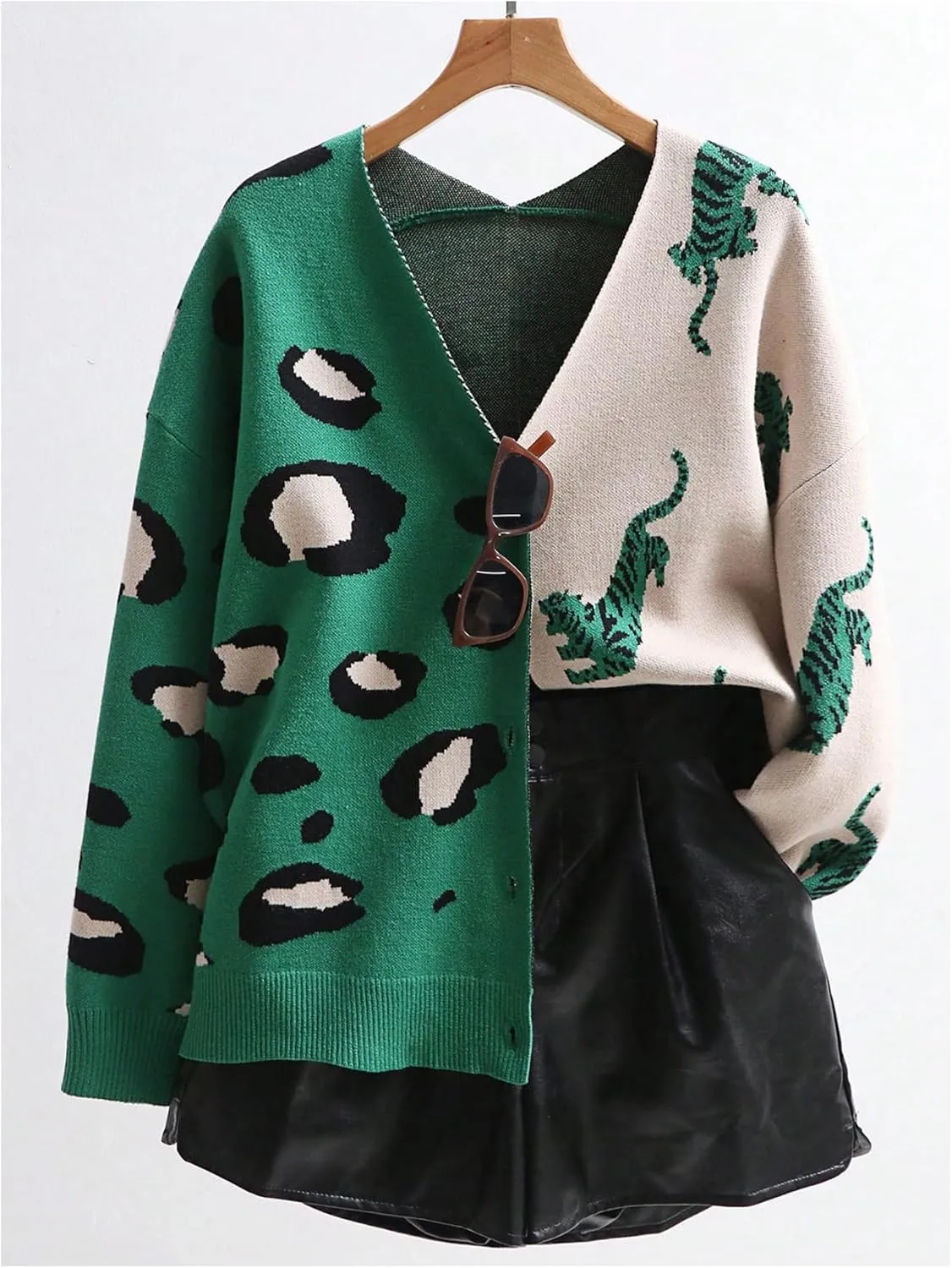 WDIRARA Women's Leopard Tiger Print Cardigan V Neck Long Sleeve Color Block Button Down Sweater Outwear