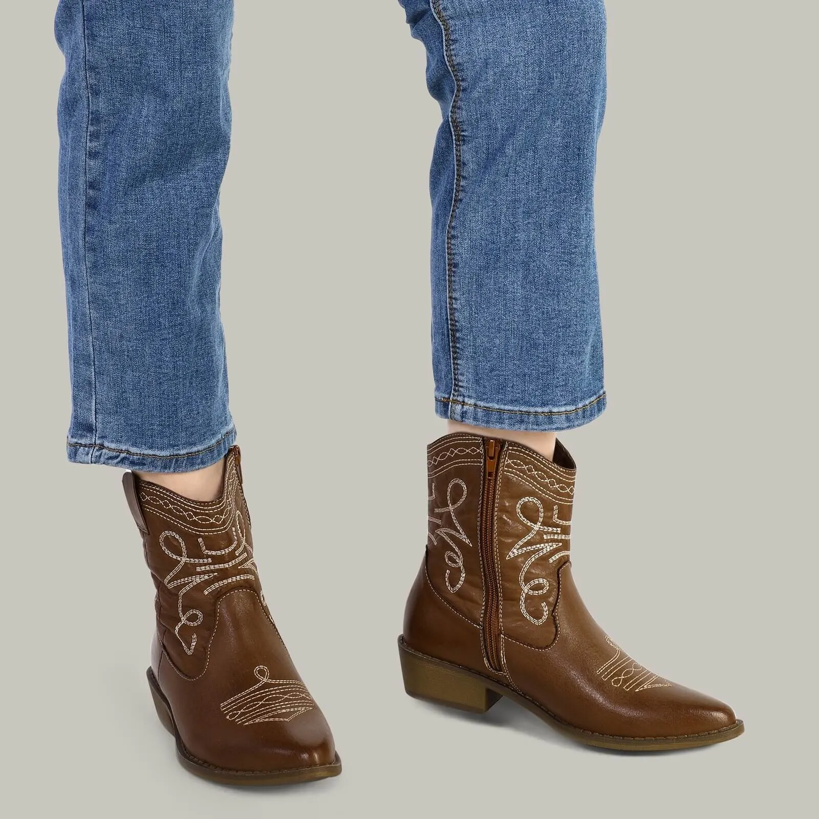 Western Cowboy Ankle Boots Cowgirl Low Heel Booties