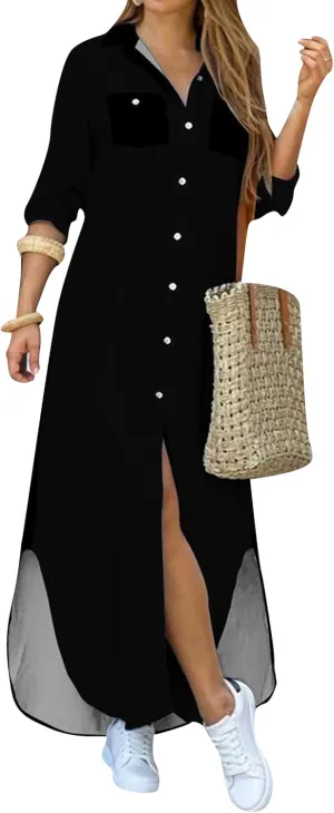 WIWIQS Women's Casual Loose Maxi Shirt Dress Lapel Rolled up Sleeve Button Down Dress Floral Print Open Front Long Dresses