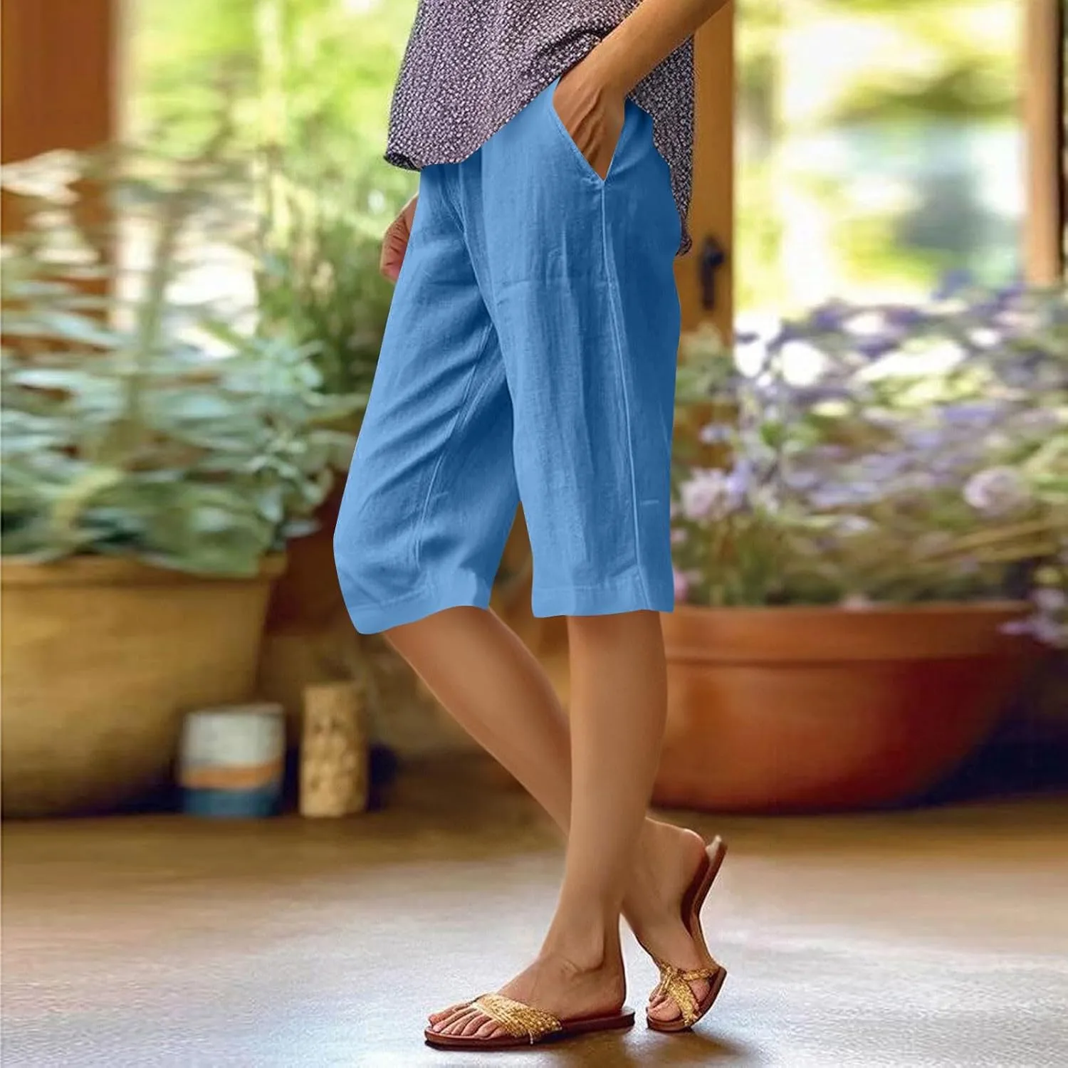 Wkishenl Athletic Shorts for Women Solid High Waisted Elastic Bermuda Short Summer Casual Comfy Linen Pants with Pockets
