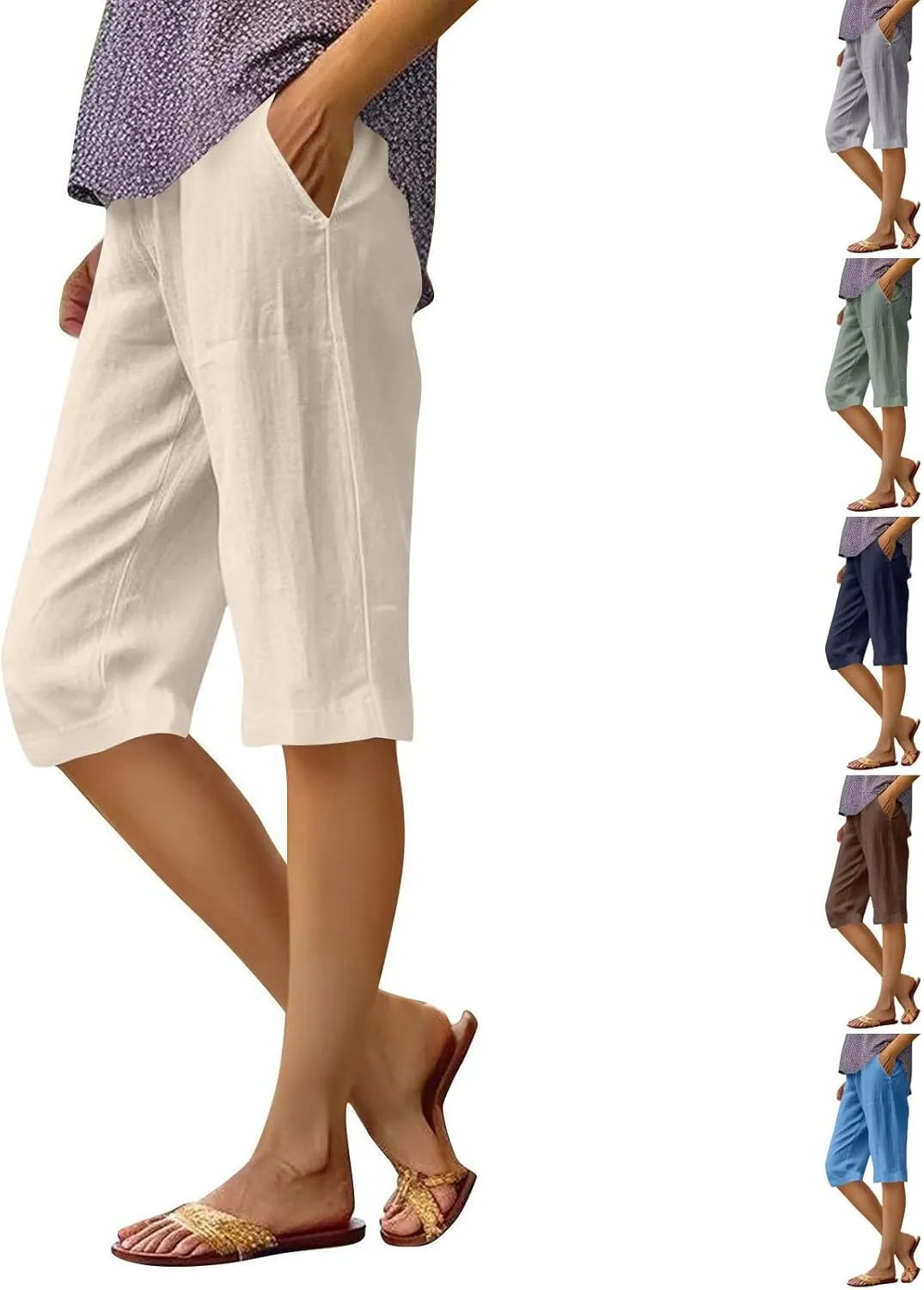 Wkishenl Athletic Shorts for Women Solid High Waisted Elastic Bermuda Short Summer Casual Comfy Linen Pants with Pockets