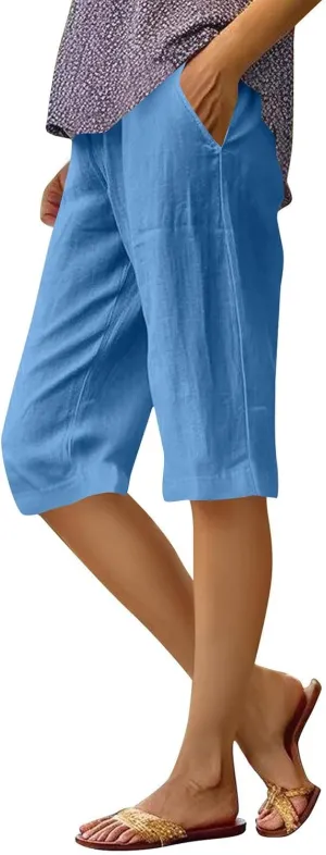 Wkishenl Athletic Shorts for Women Solid High Waisted Elastic Bermuda Short Summer Casual Comfy Linen Pants with Pockets