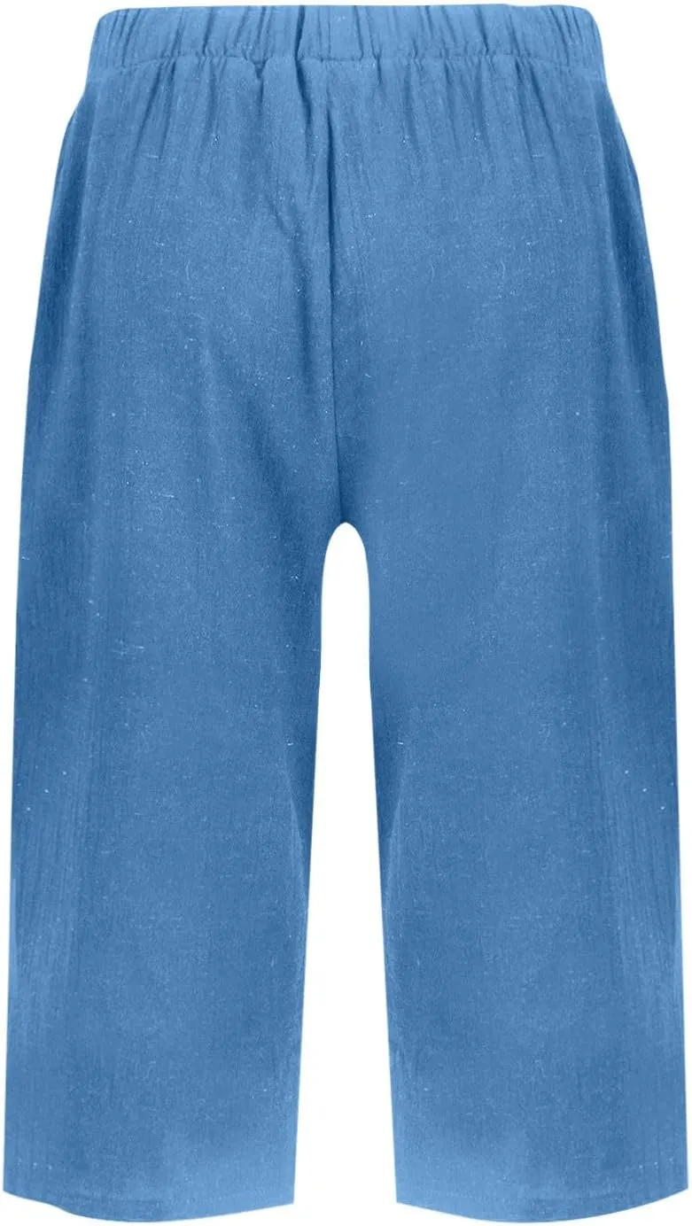 Wkishenl Athletic Shorts for Women Solid High Waisted Elastic Bermuda Short Summer Casual Comfy Linen Pants with Pockets