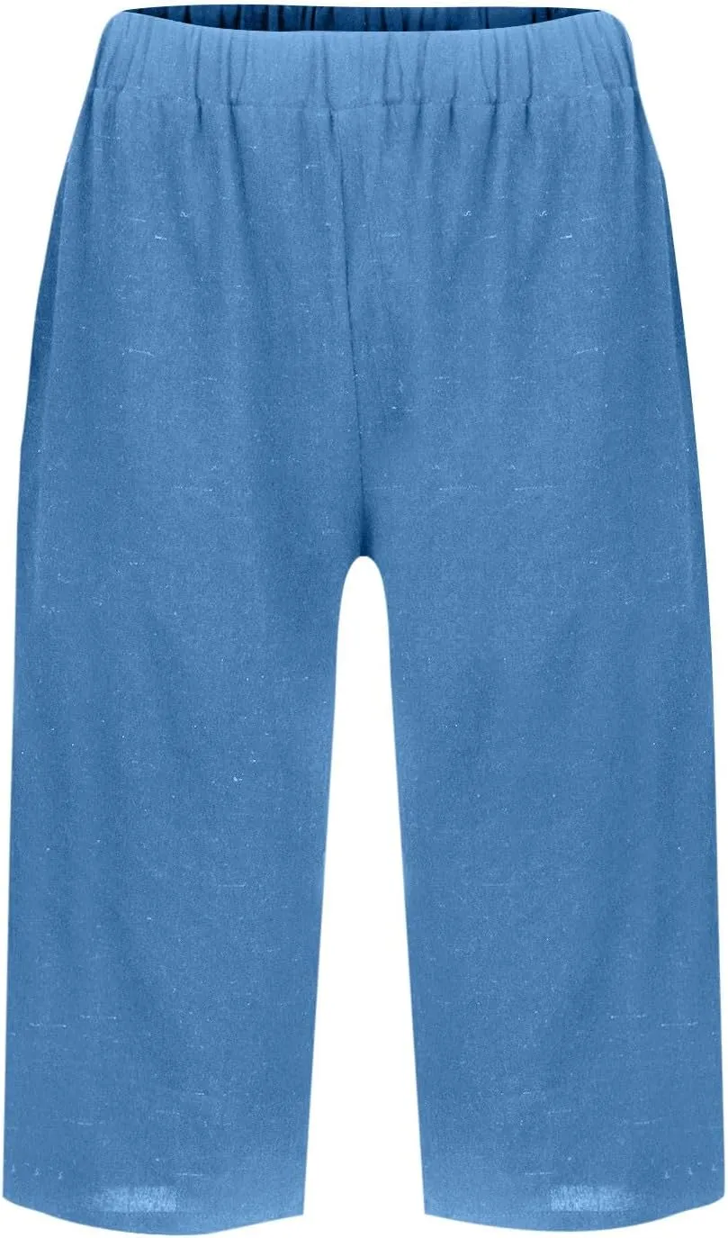 Wkishenl Athletic Shorts for Women Solid High Waisted Elastic Bermuda Short Summer Casual Comfy Linen Pants with Pockets