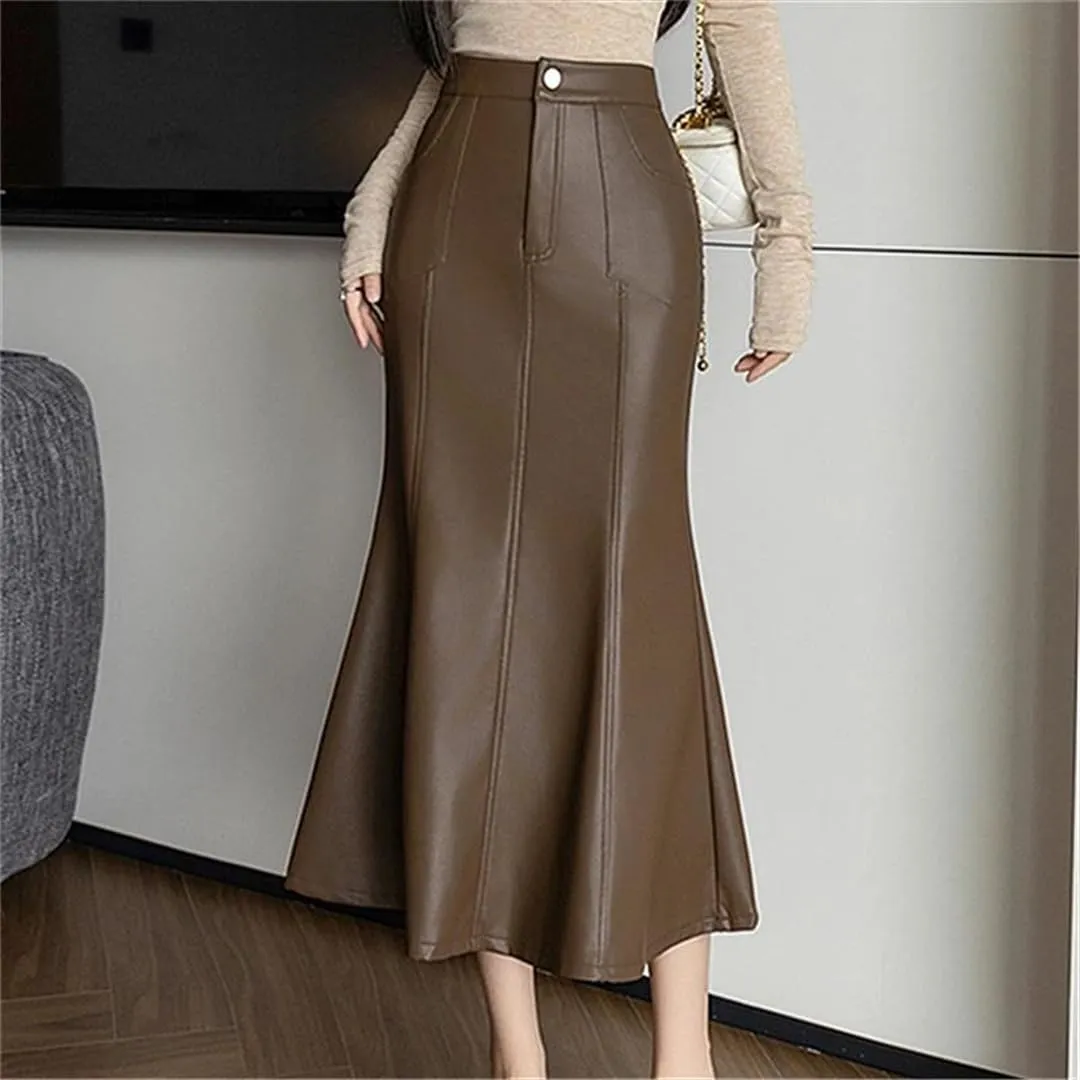 Women Autumn Winter Vintage High Waist PU Leather Skirts for Fishtail Wrapped Pencil Skirts